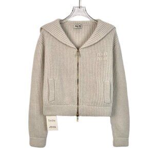 Miu Miu Womens Apricot Wool & Cashmere Blend Zipper Knit Coat With Logo Embroide